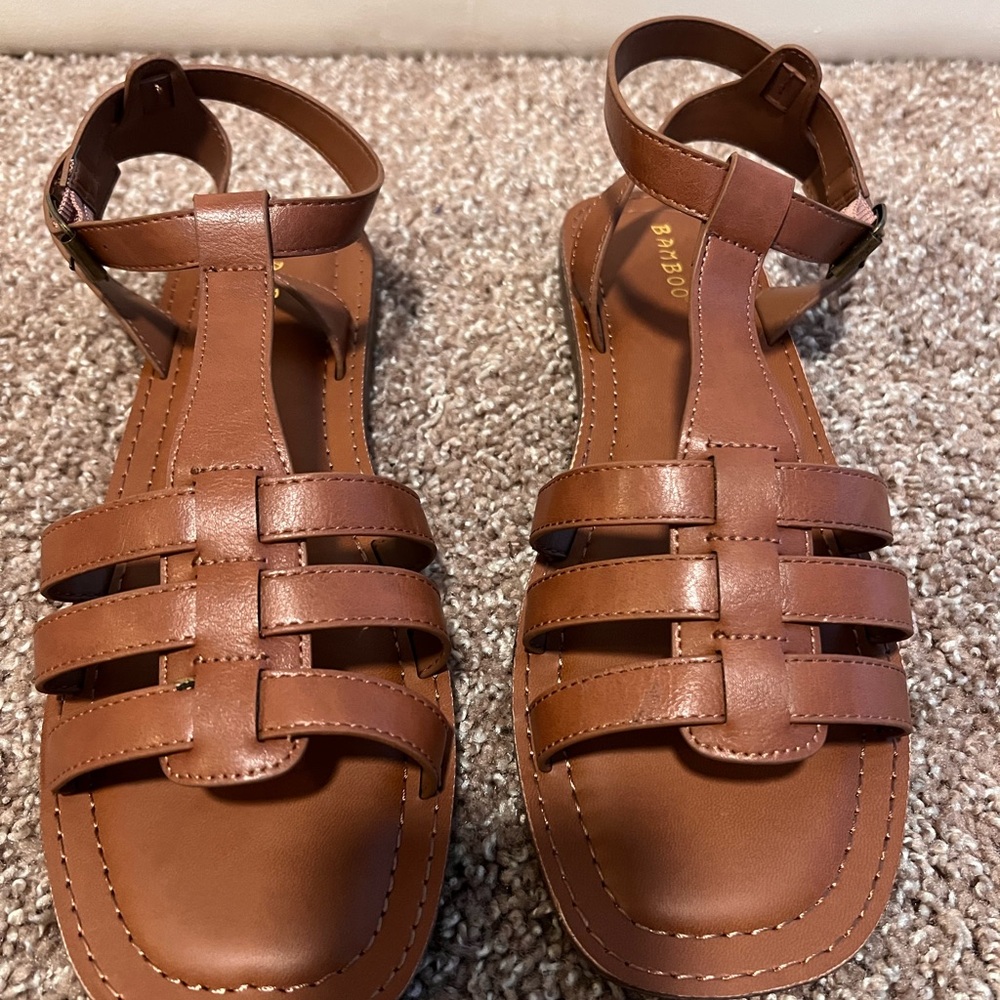 Bamboo T-Strap Caged Huarache Flat Sandals